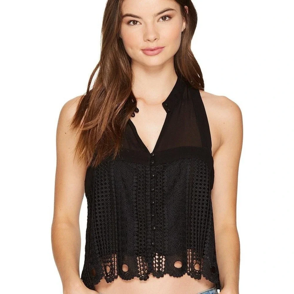 Free People Black Crochet Lace Sleeveless Crop‎ Top Button Front Boho High Neck